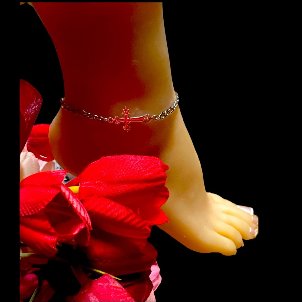 Cross Ankle Bracelet-Silvertone